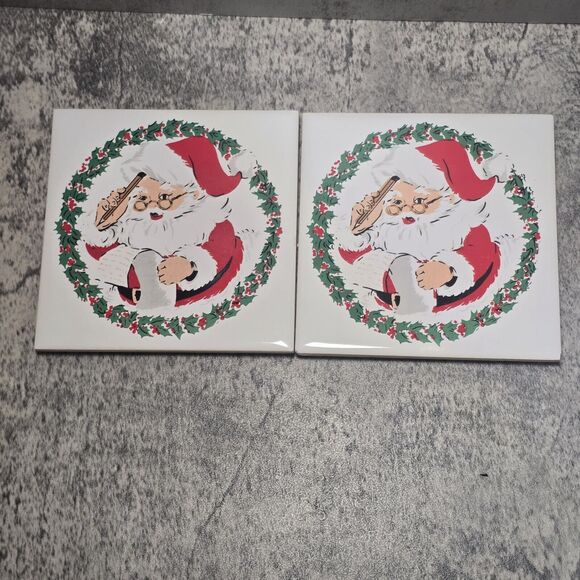 Vintage 1982 Jasco Ceramic Tile Trivets Christmas Santa Claus w/ Box~Set Of 2 - Picture 1 of 6